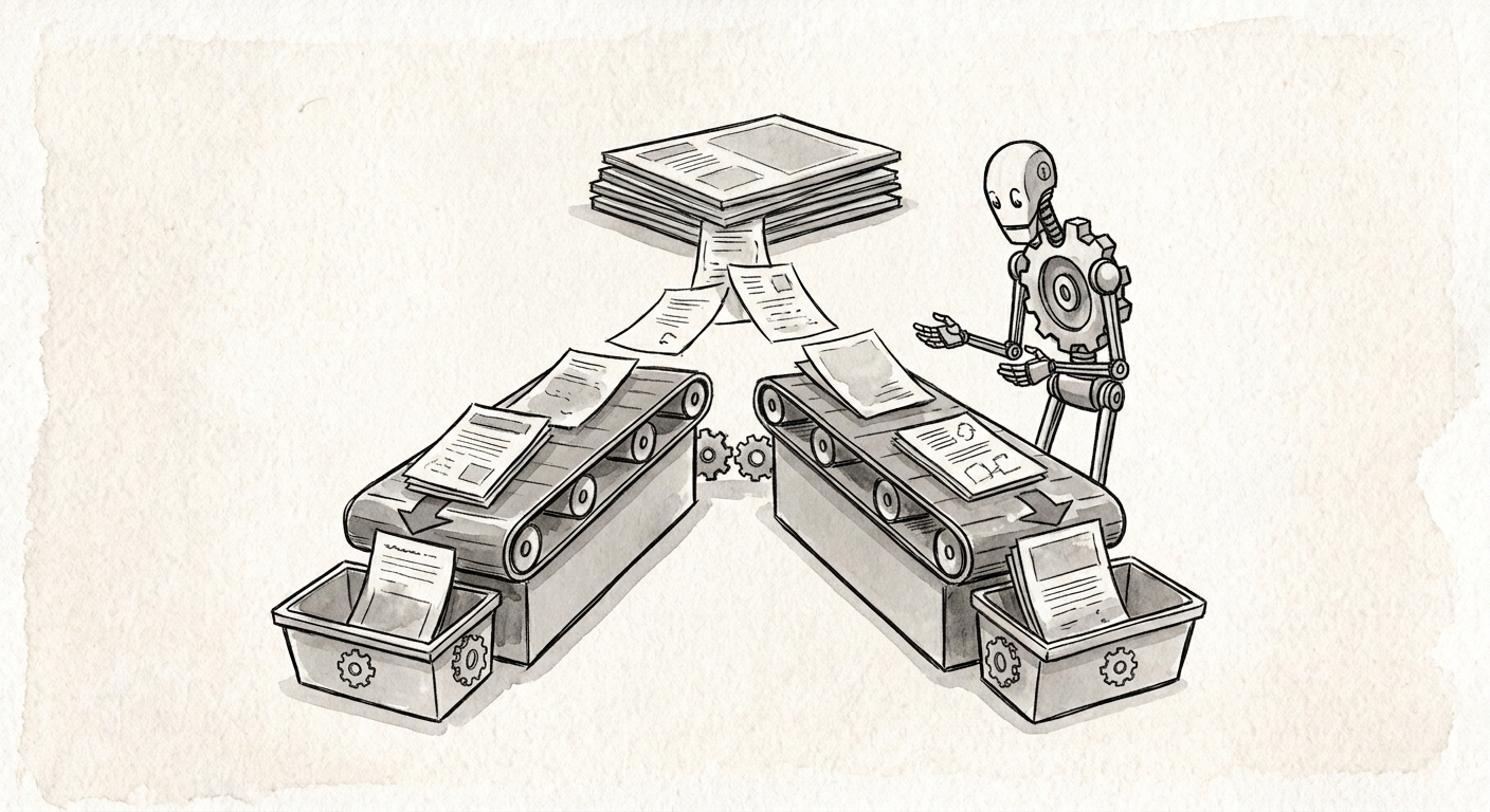 Illustration of a robot sorting documents on conveyor belts