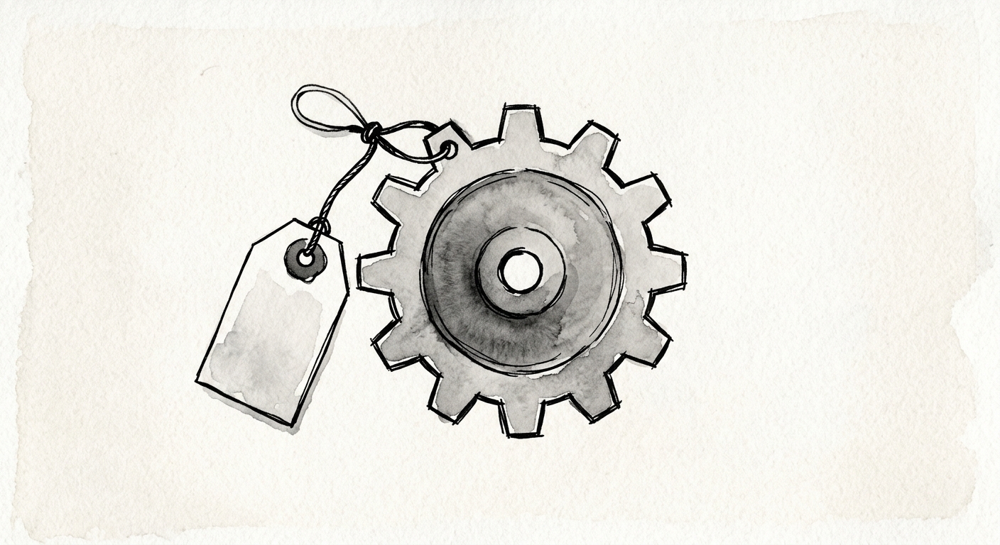 Illustration of a price tag hanging from a gear