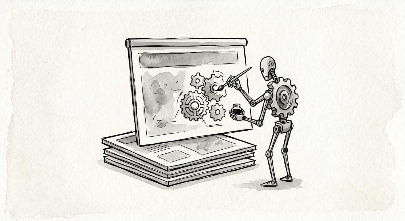 Illustration of a robot painting gears onto a stack of reports
