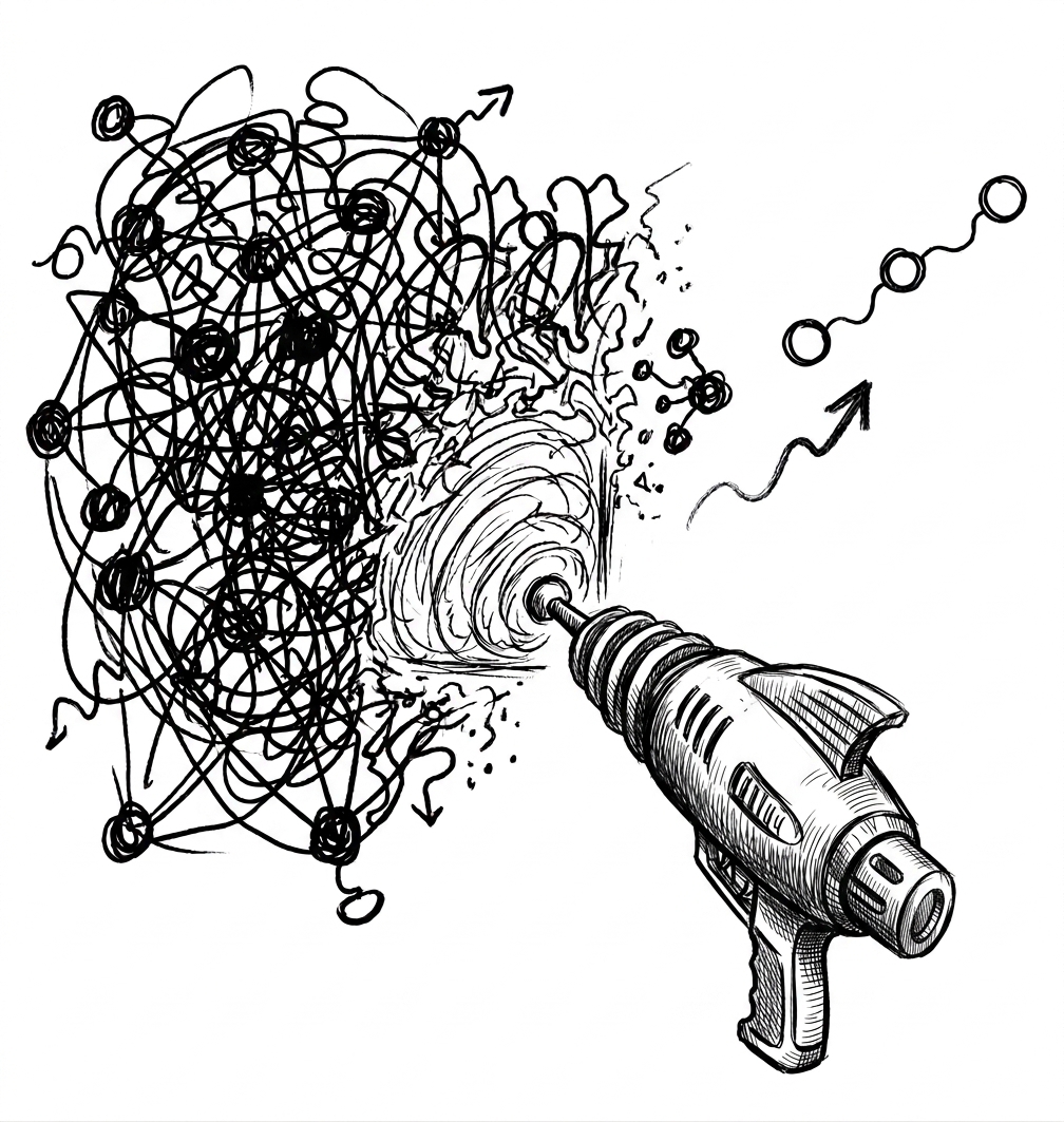 A tangled scribble of ideas being fired through a ray gun and emerging as a clean, rising line of dots